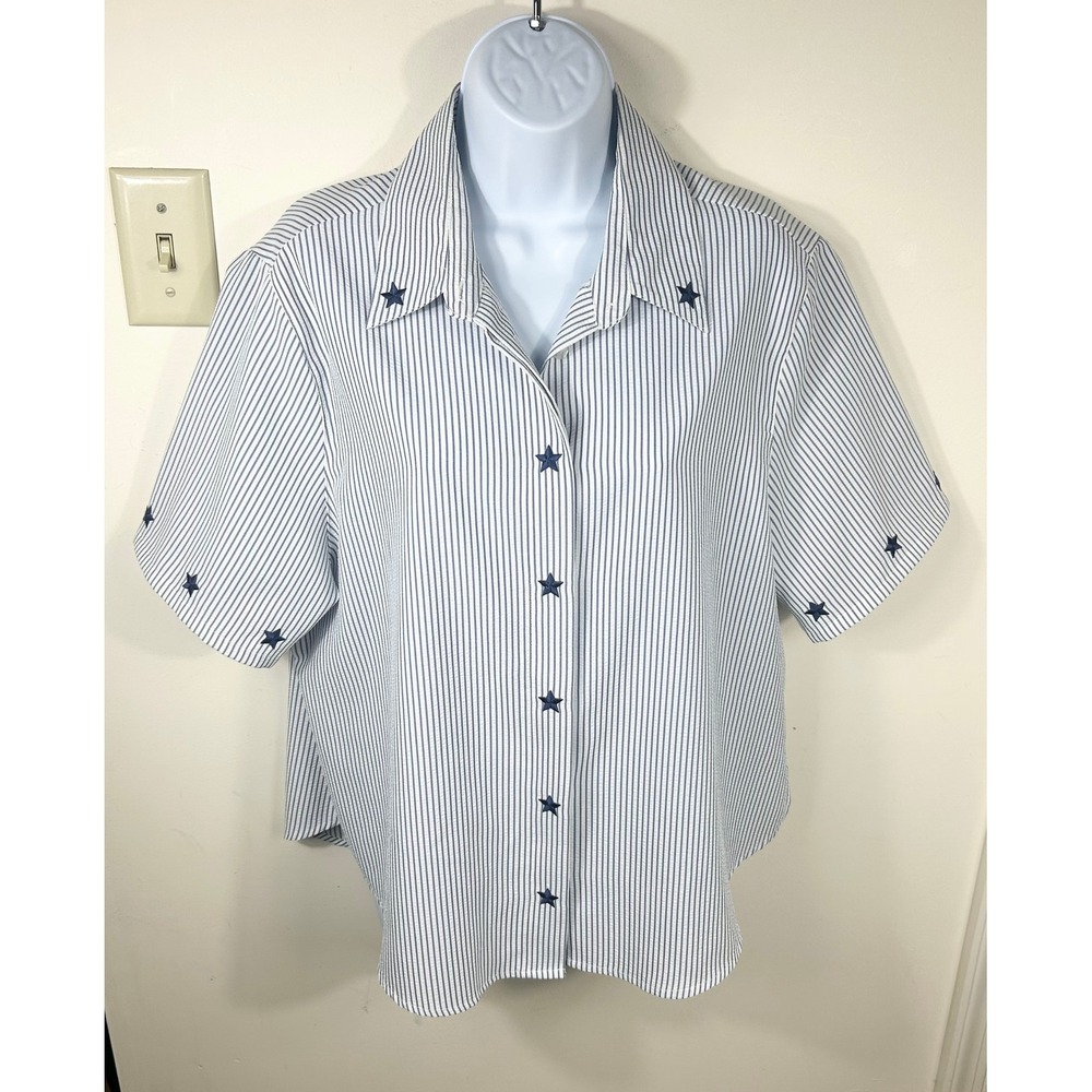 VTG BonWorth Patriotic Shirt Womens MP Blue Stripe Star Seersucker 4th of July